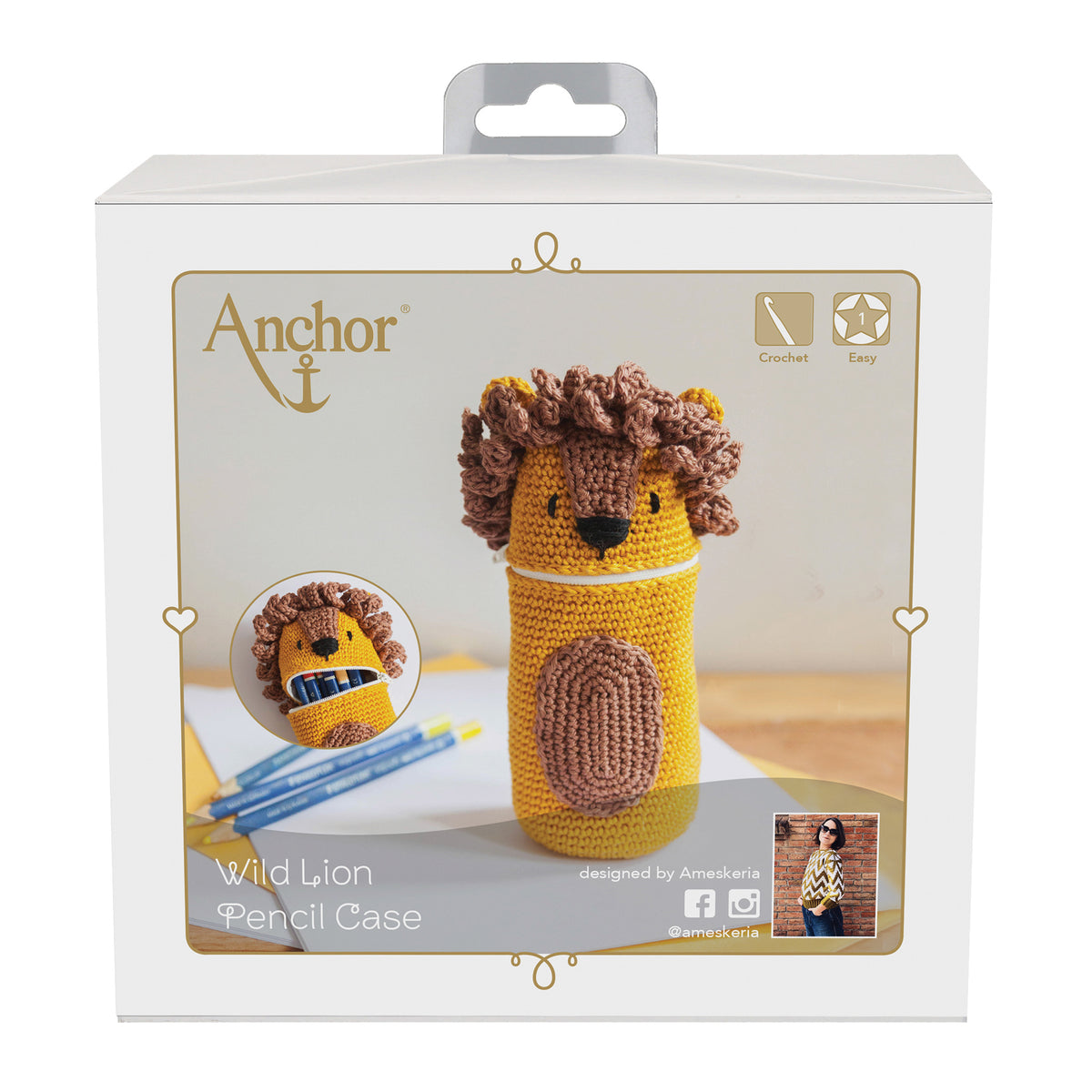 Crocheted lion pencil case from the Anchor kit