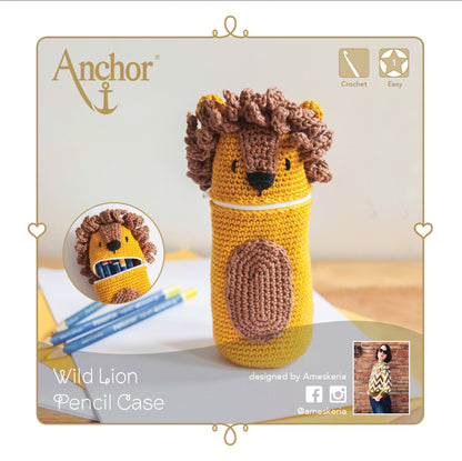 Crocheted lion pencil case from the Anchor kit