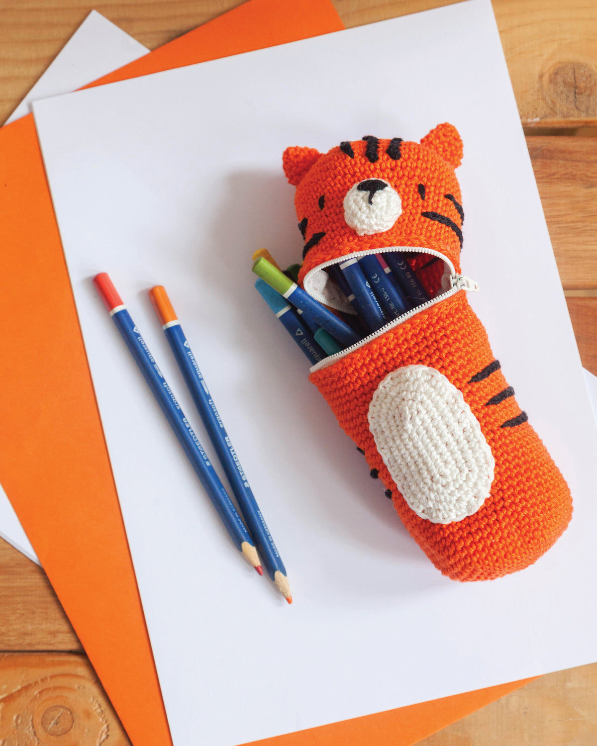 Crocheted tiger pencil case from the Anchor kit