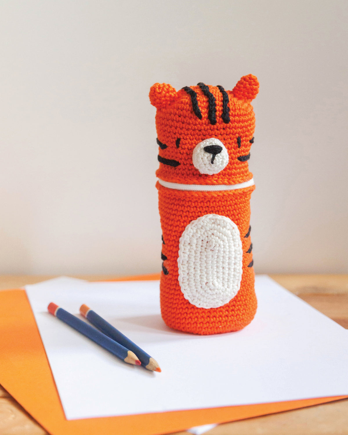 Crocheted tiger pencil case from the Anchor kit