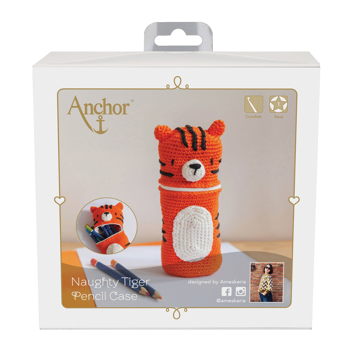 Crocheted tiger pencil case from the Anchor kit