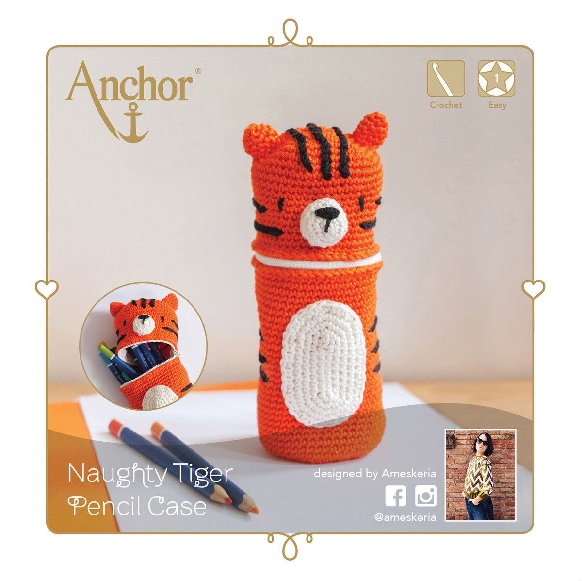 Crocheted tiger pencil case from the Anchor kit