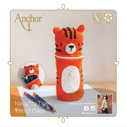 Crocheted tiger pencil case from the Anchor kit