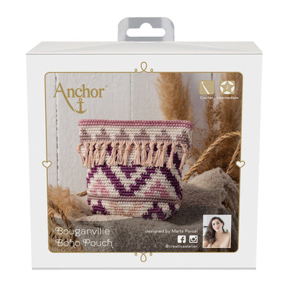 Crocheted boho zip pouch in bougainville colours from the Anchor kit
