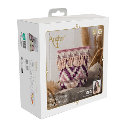 Crocheted boho zip pouch in bougainville colours from the Anchor kit