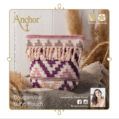 Crocheted boho zip pouch in bougainville colours from the Anchor kit