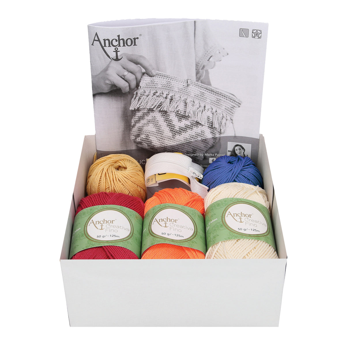 Crocheted boho zip pouch in brights colours from the Anchor kit