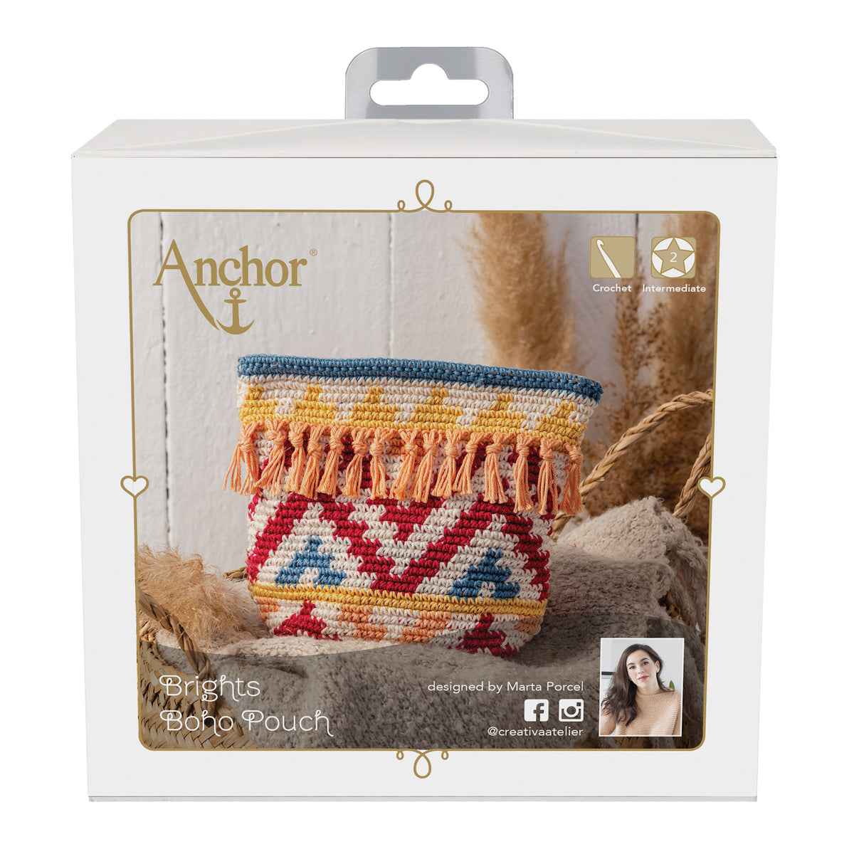 Crocheted boho zip pouch in brights colours from the Anchor kit