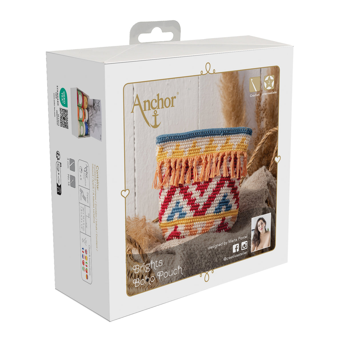 Crocheted boho zip pouch in brights colours from the Anchor kit