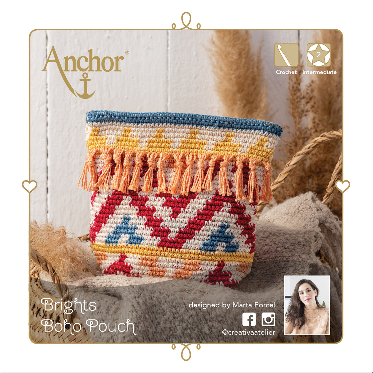 Crocheted boho zip pouch in brights colours from the Anchor kit