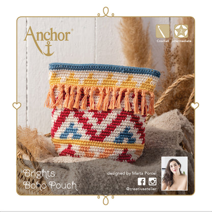Crocheted boho zip pouch in brights colours from the Anchor kit