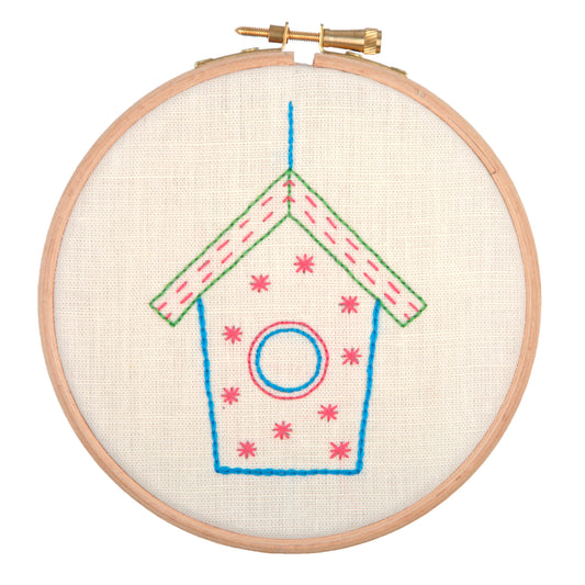 Anchor Bird House embroidery hoop kit with stitched design