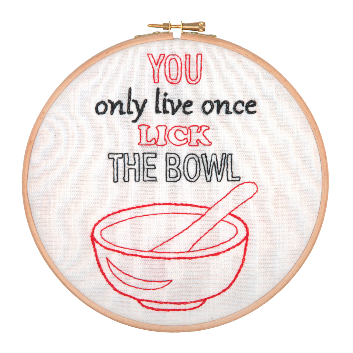 Anchor Lick the Bowl embroidery hoop kit with stitched design