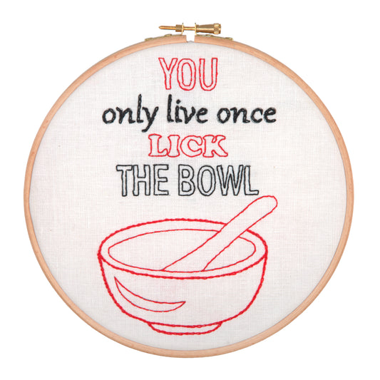 Anchor Lick the Bowl embroidery hoop kit with stitched design