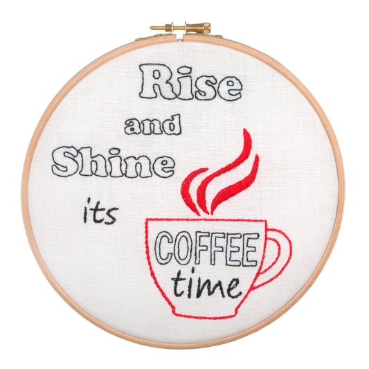 Anchor Rise and Shine, It's Coffee Time embroidery hoop kit with stitched design