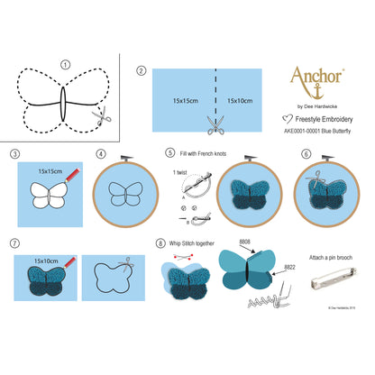 Blue embroidered butterfly brooch made with French knots