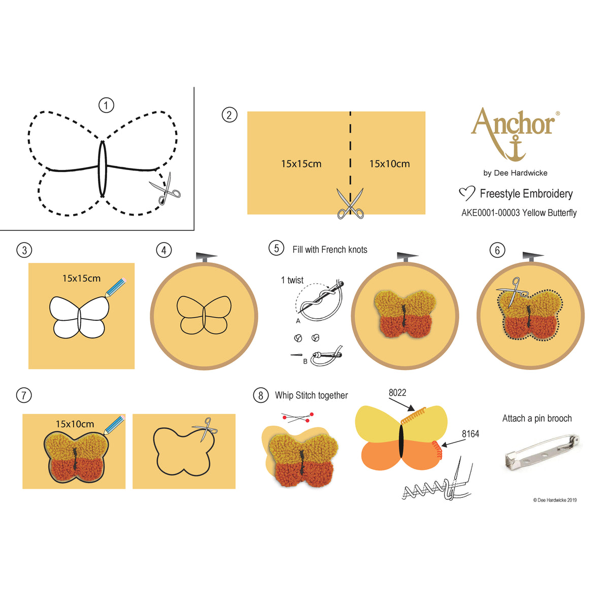 Yellow embroidered butterfly brooch kit by Anchor