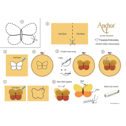 Yellow embroidered butterfly brooch kit by Anchor