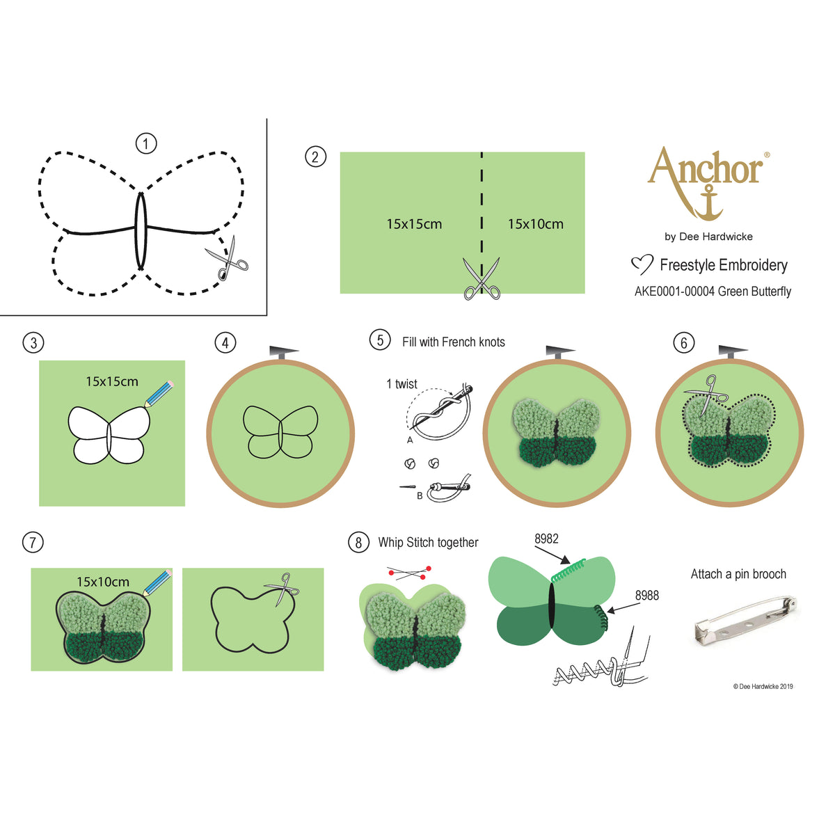 Green embroidered butterfly brooch made with French knots