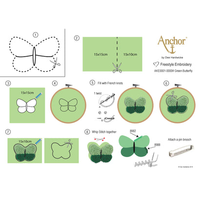 Green embroidered butterfly brooch made with French knots