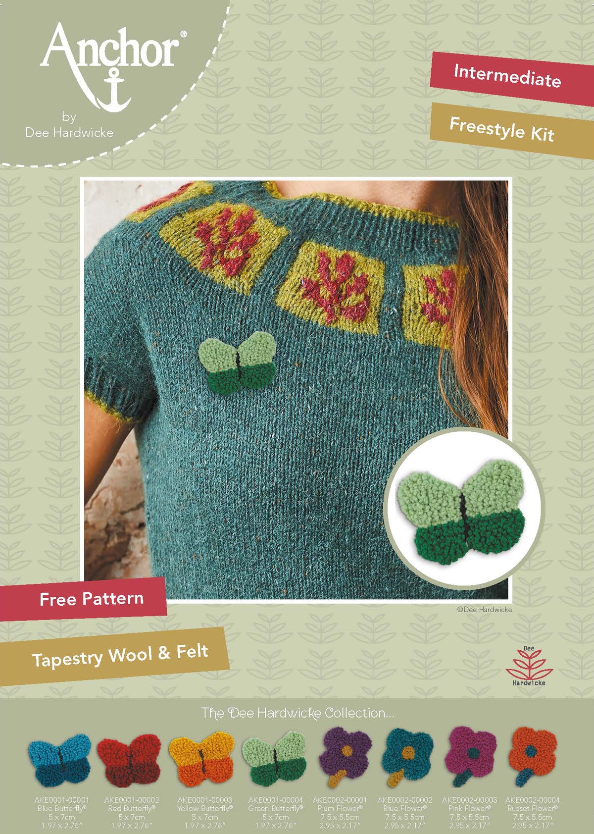 Green embroidered butterfly brooch made with French knots