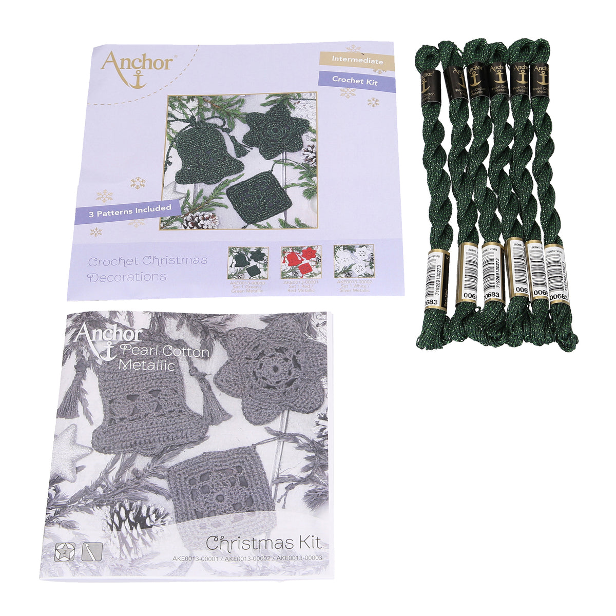 Green and metallic crocheted Christmas tree decorations kit 1