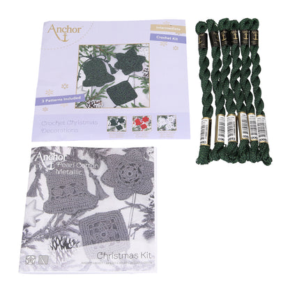 Green and metallic crocheted Christmas tree decorations kit 1