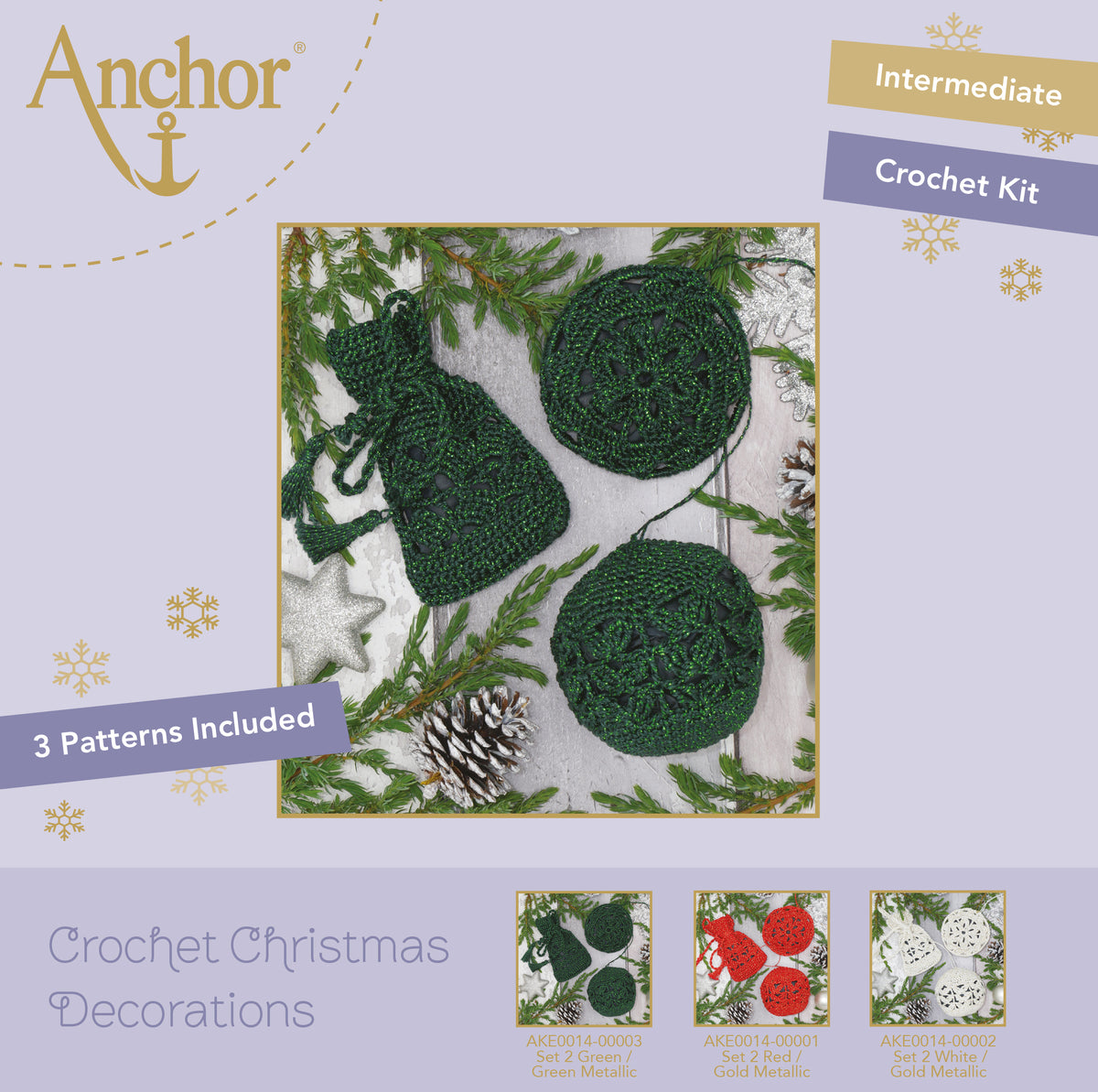 Green and metallic crocheted Christmas tree decorations kit 2