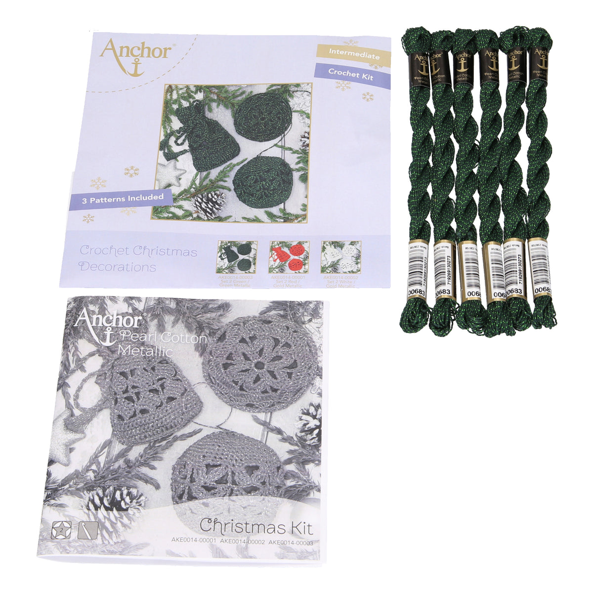 Green and metallic crocheted Christmas tree decorations kit 2