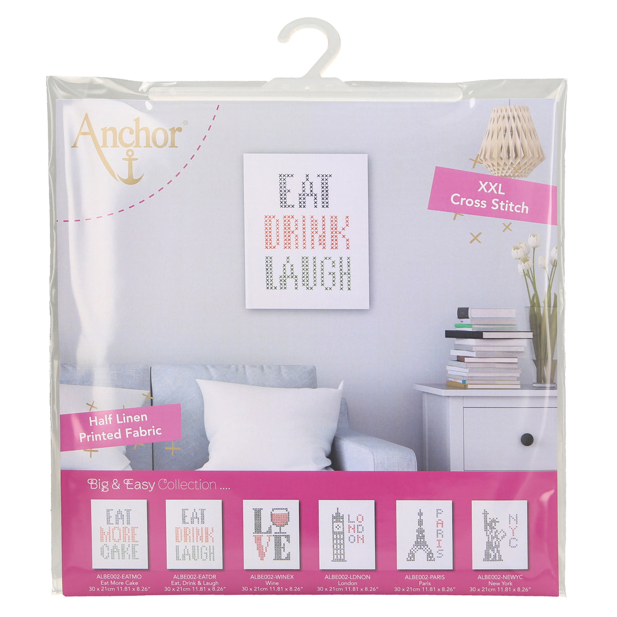 Cross stitch with the words Eat Drink Laugh