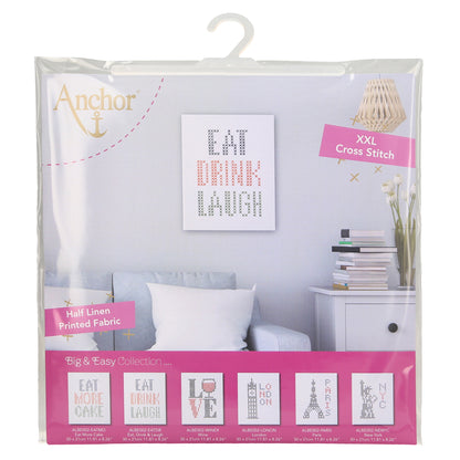 Cross stitch with the words Eat Drink Laugh