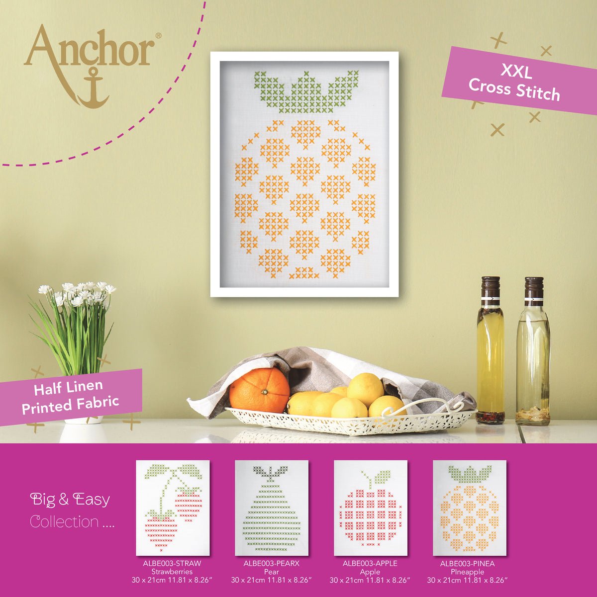 Embroidered pineapple design on white fabric