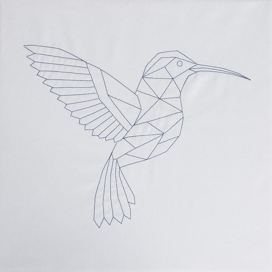 Framed metallic geometric hummingbird machine embroidery