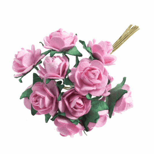 Pink Rose Paper Flowers - 14mm (Pack of 12 Stems)