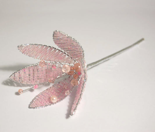 Pink beaded crystal flower pick on a silver wire stem