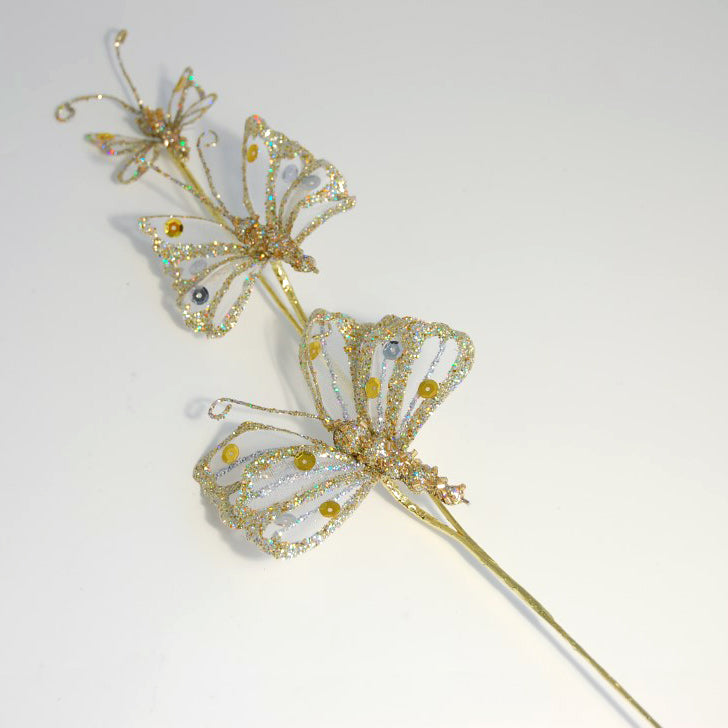 Three platinum glitter sequin butterflies on picks