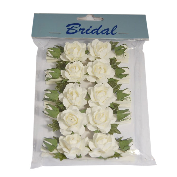 Ivory rose peg clips with green leaves in a bridal pack