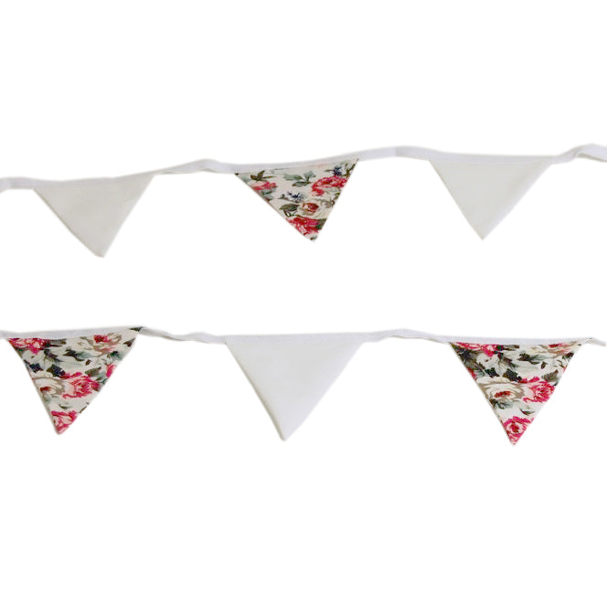 Multicoloured floral print bunting with small flags