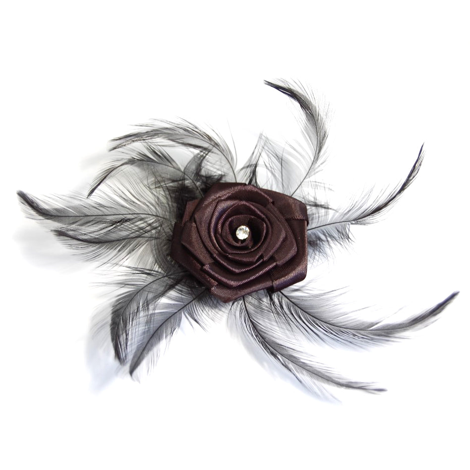 Black ribbon rose with feathers and diamante centre