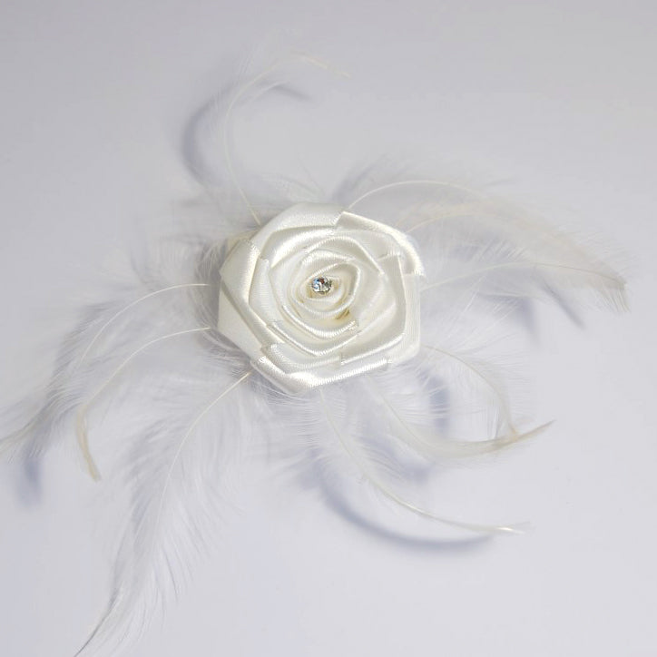 Ivory ribbon rose with feathers and diamante centre