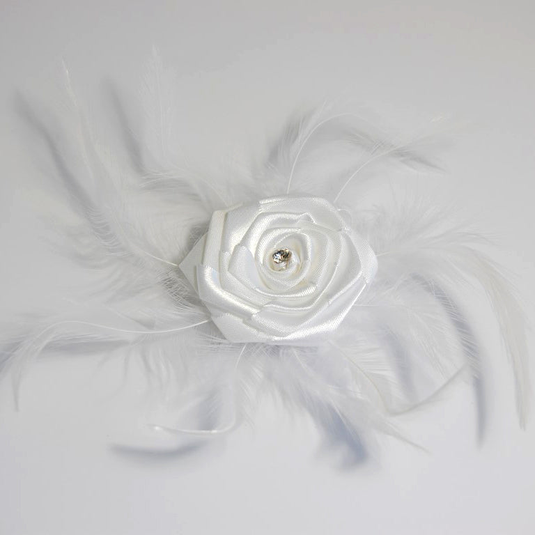 White ribbon rose with feathers and diamante centre