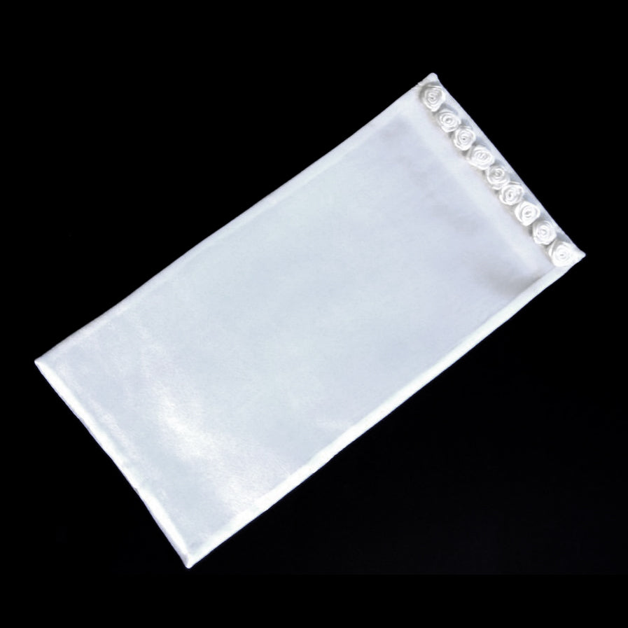 White satin bouquet wrap with ribbon rose
