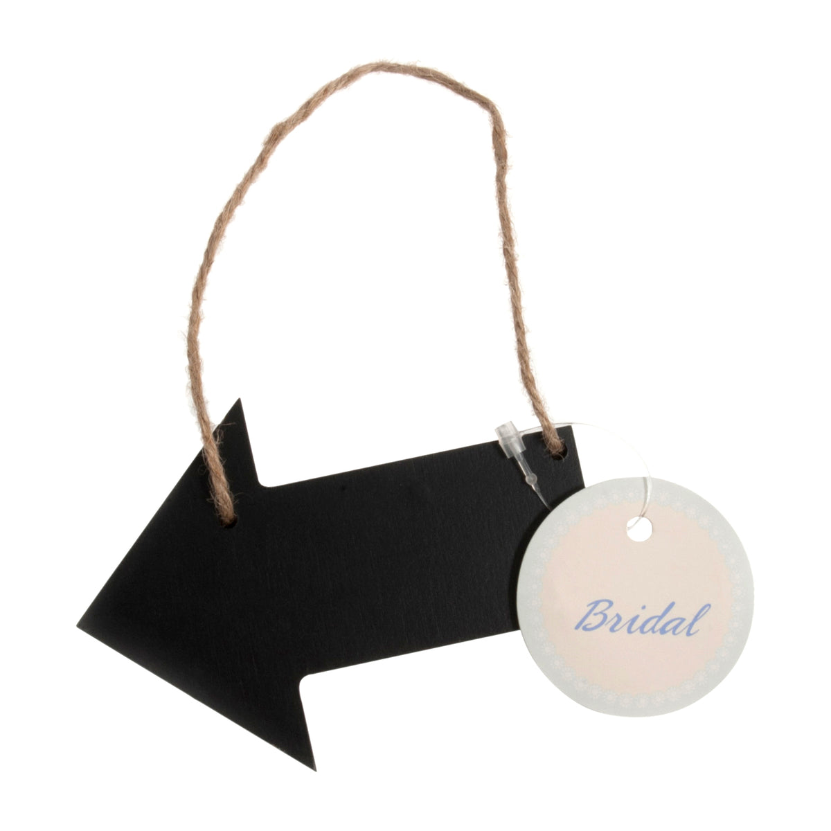Black wooden arrow sign with jute string
