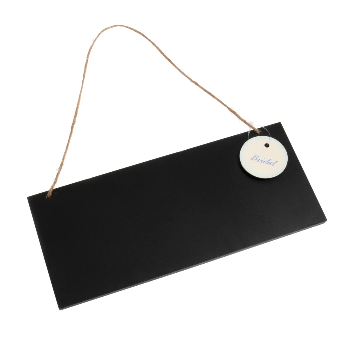 Black wooden hanging sign with jute string
