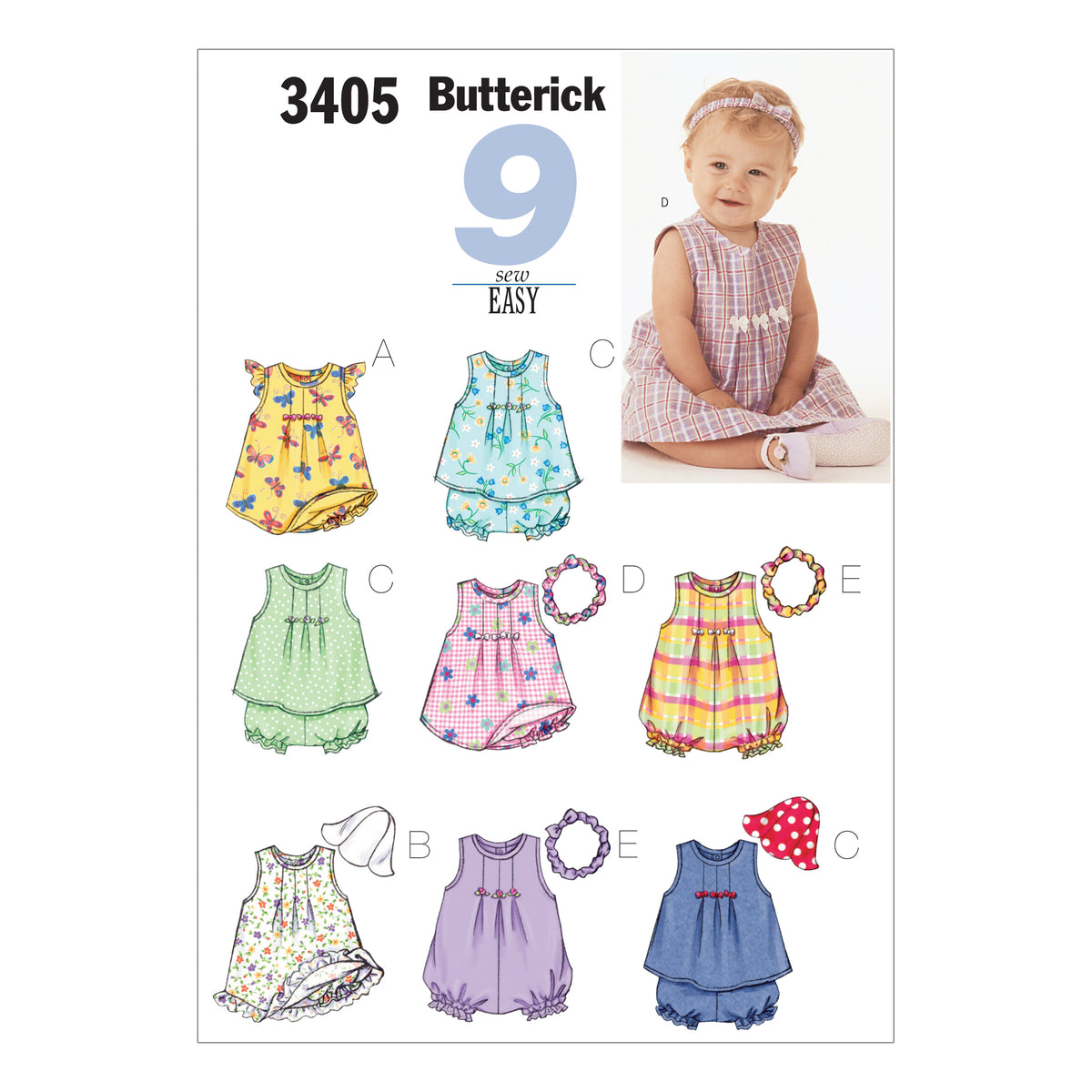 Butterick B3405 sewing pattern envelope showing the baby dress & top designs