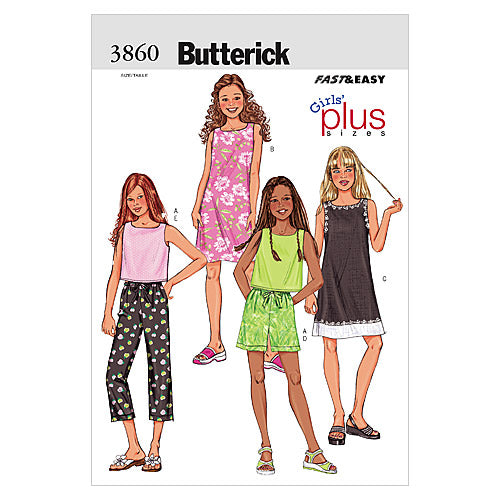 Butterick B3860 sewing pattern envelope showing the girls' top & dress designs