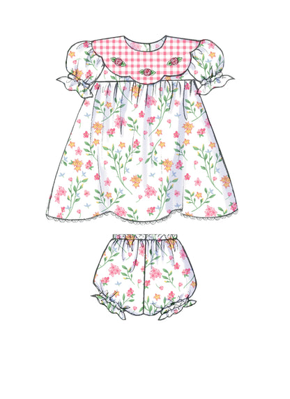 Butterick B4110 sewing pattern envelope showing the baby dress & jumpsuit designs