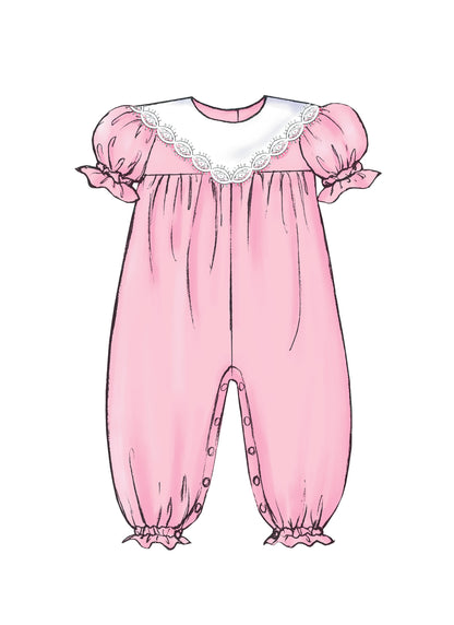 Butterick B4110 sewing pattern envelope showing the baby dress & jumpsuit designs