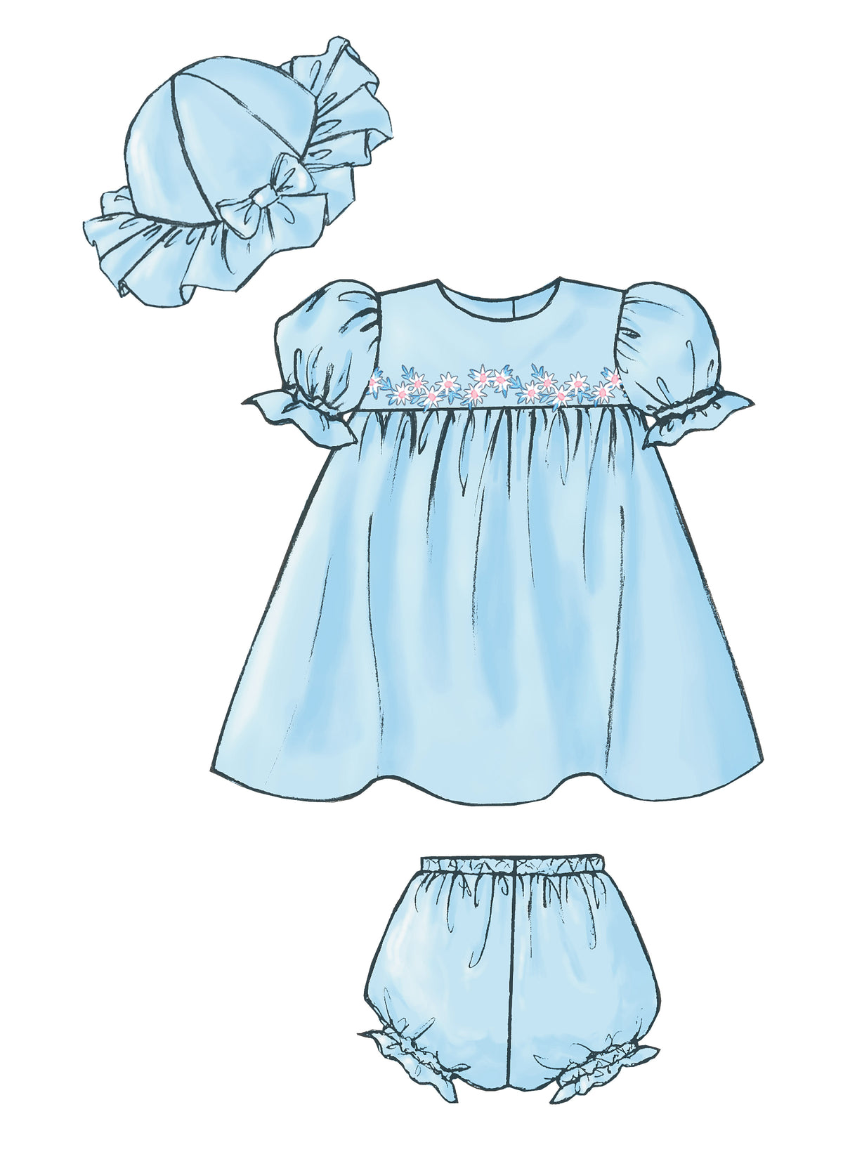 Butterick B4110 sewing pattern envelope showing the baby dress & jumpsuit designs