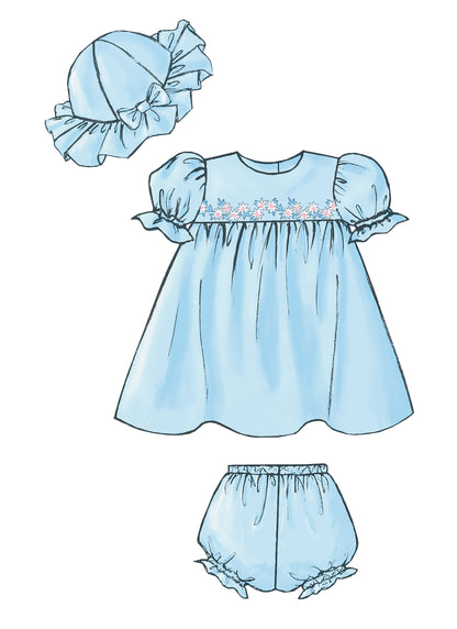 Butterick B4110 sewing pattern envelope showing the baby dress & jumpsuit designs